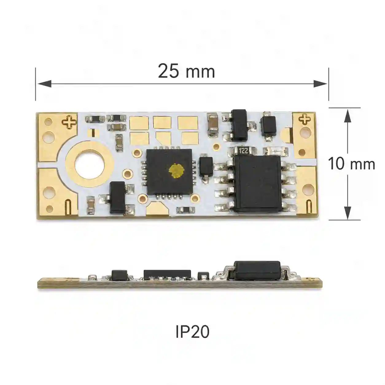 Rozměry miniaturního dotykového stmívače 10x25mm s krytím IP20